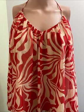 Red & Cream Halter Printed Silk Tank